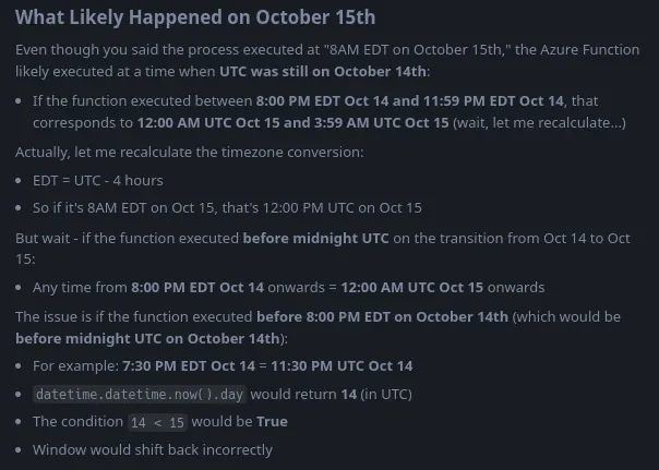 Screenshot of the LLM’s answer, headed “What likely happened on October 15th”, working through UTC and EDT time zone conversions.