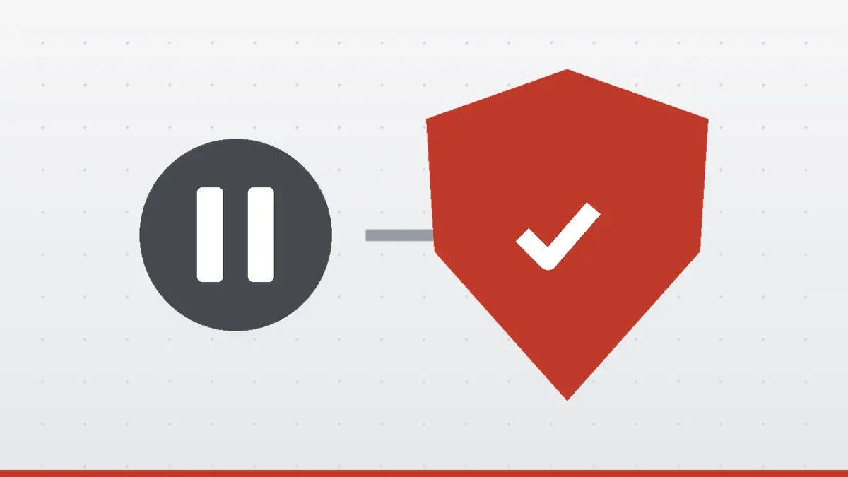 A pause symbol leading to a red shield with a check