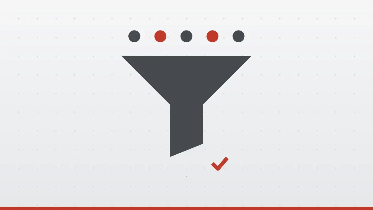A funnel filtering dots, some red