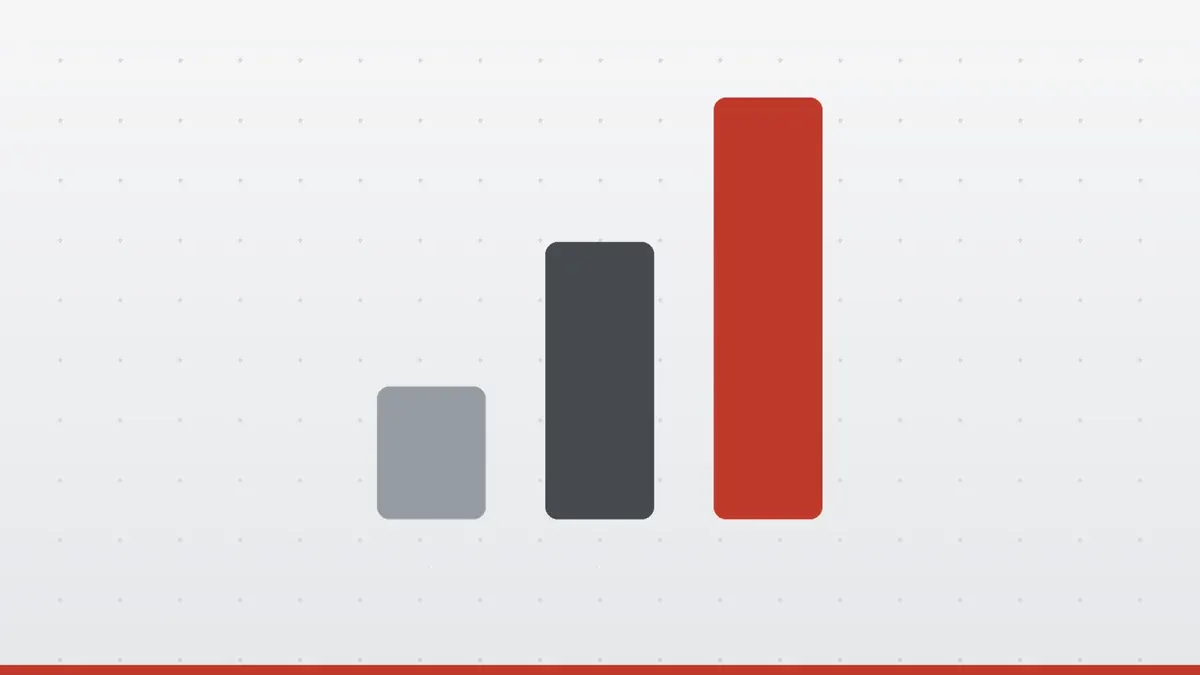 Three bars of rising height, the tallest in red